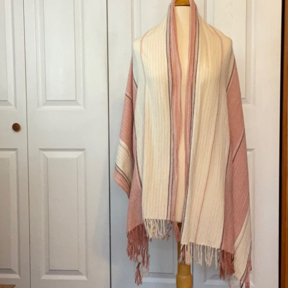Madewell Pink Cream Cape Scarf With Armholes And Fringe Poncho Silk Blend‎